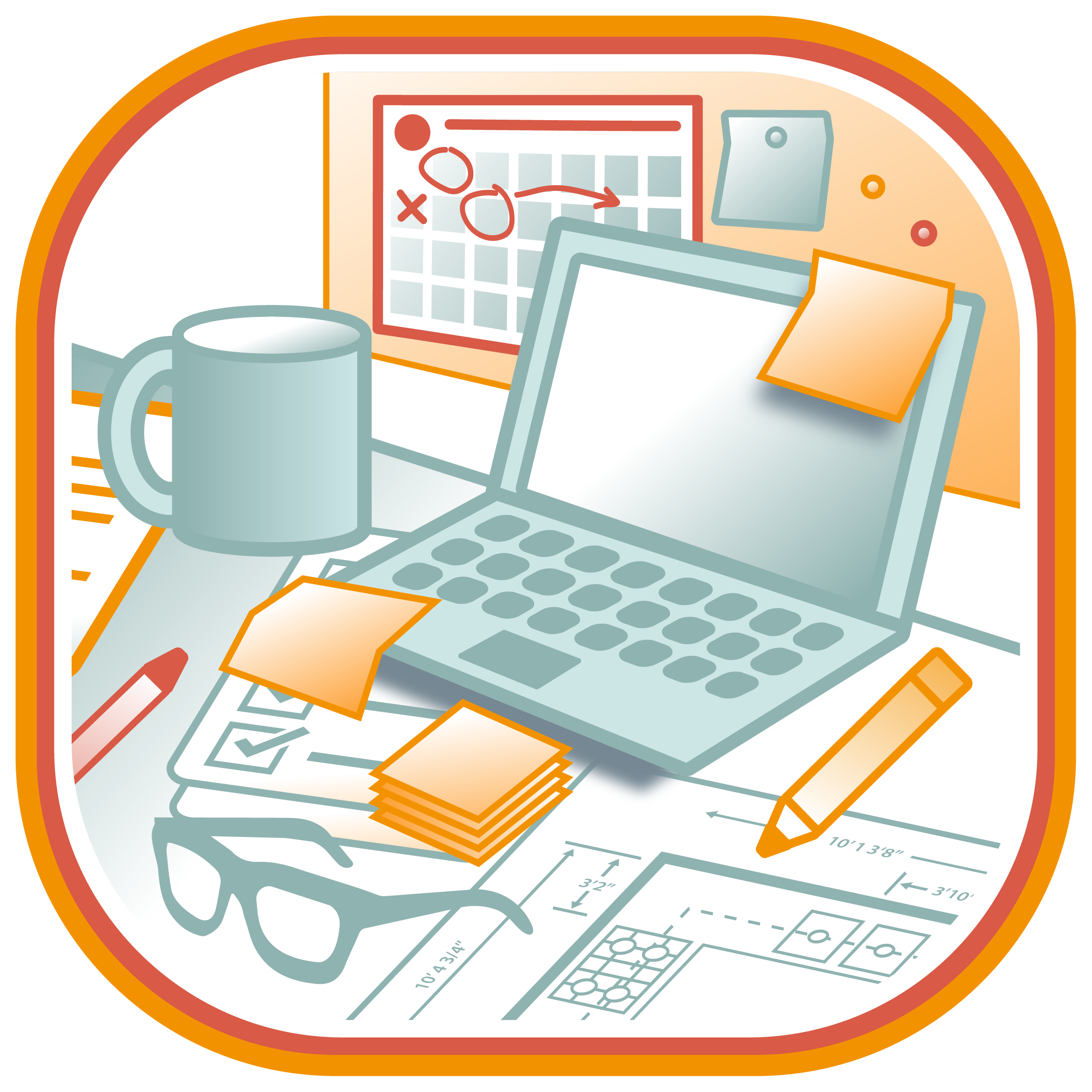 An illustration of a cluttered workspace with a laptop, coffee mug, sticky notes, glasses, a pen, a planner, and architectural plans on a desk, with a calendar on the wall.