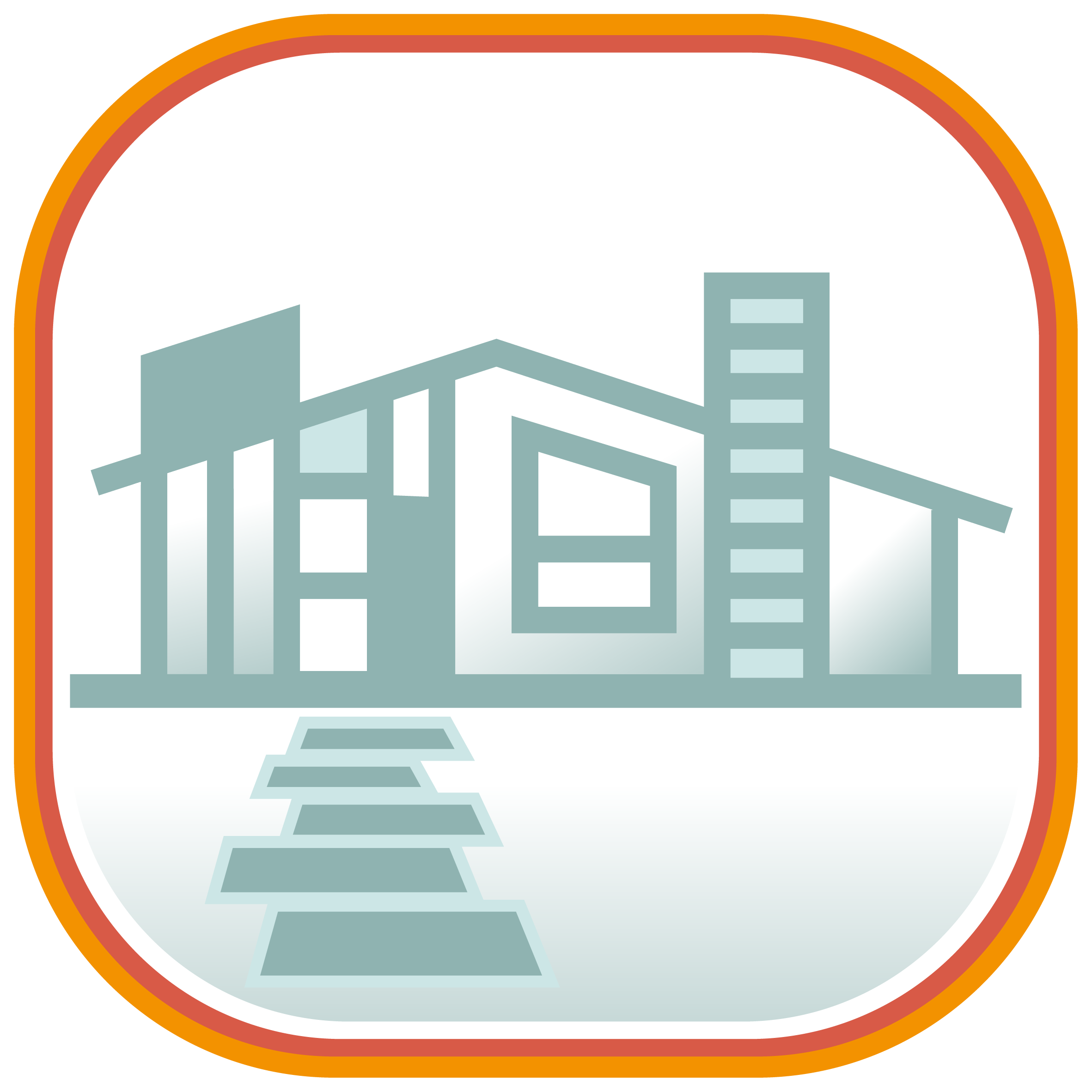 Line drawing of a modern house with multiple sections, a pathway leading to the entrance, and a chimney, on an orange background.